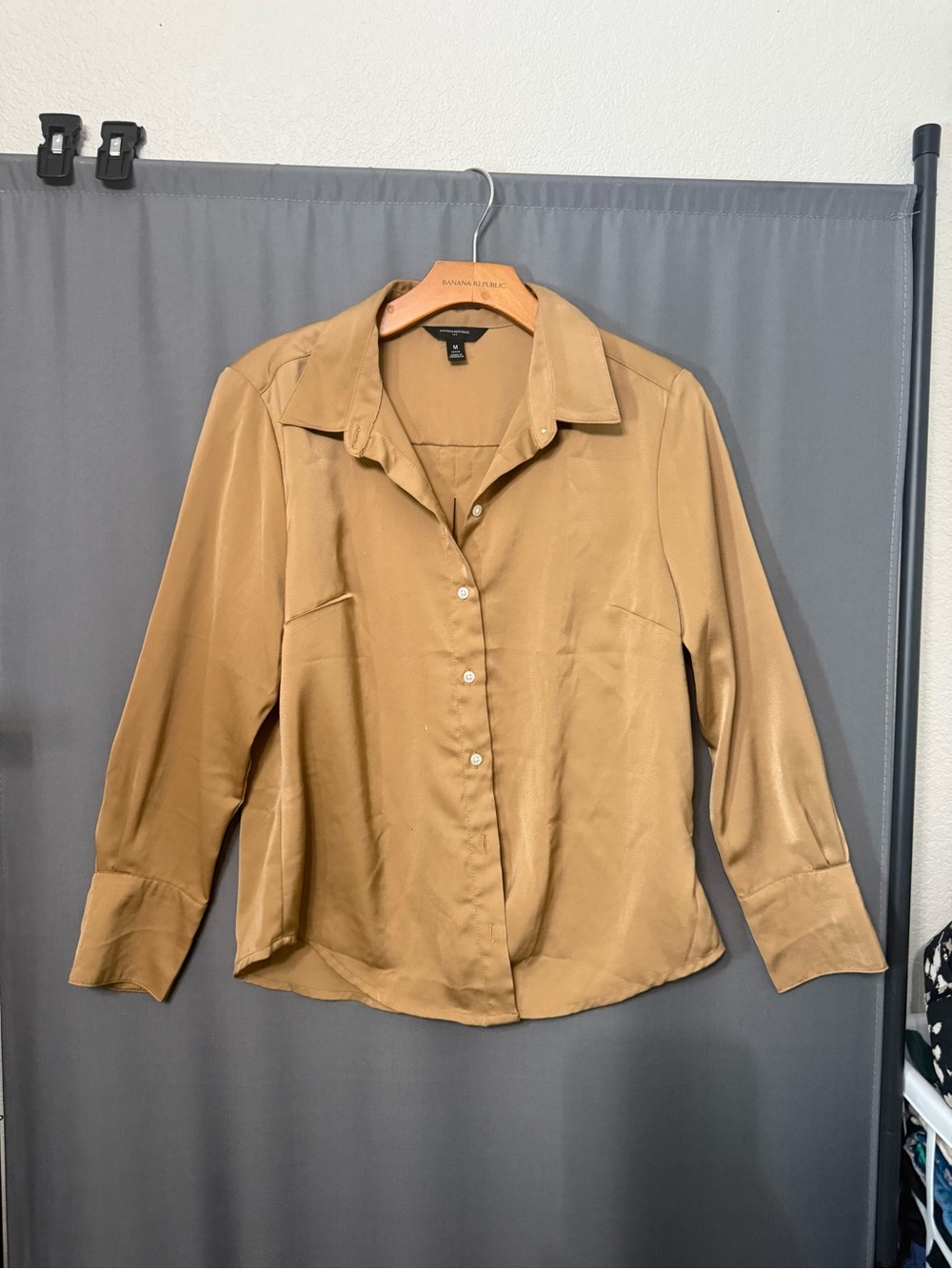 Banana Republic Camel Button-Down Satin Blouse